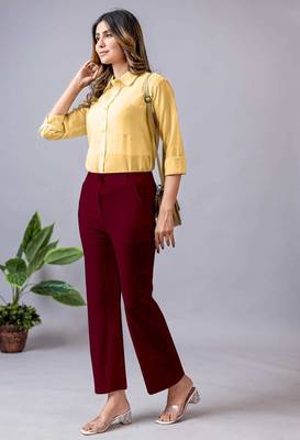 maroon regular fit mid-rise flat front trouser for women 5