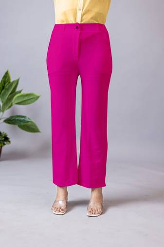 Women solid maroon regular fit mid-rise flat front trousers