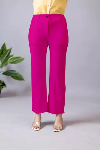 women solid fuchsia pink regular fit mid-rise flat front trousers