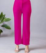Women solid maroon regular fit mid-rise flat front trousers