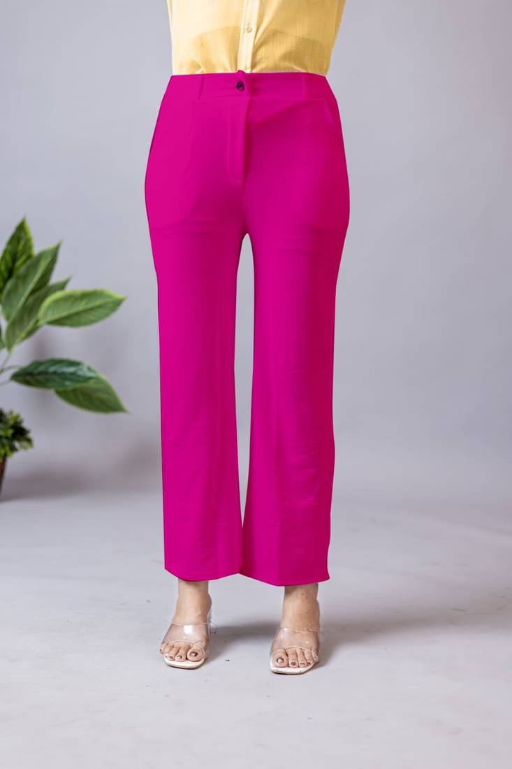 Women solid maroon regular fit mid-rise flat front trousers