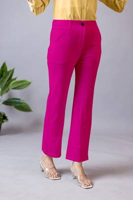 women solid fuchsia pink regular fit mid-rise flat front trousers 2