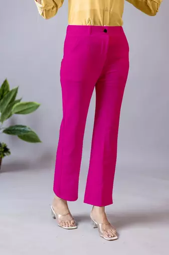 women solid fuchsia pink regular fit mid-rise flat front trousers