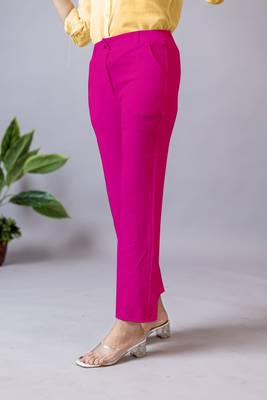 women solid fuchsia pink regular fit mid-rise flat front trousers 3