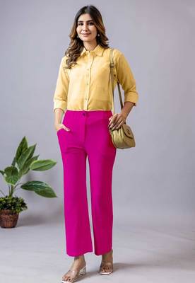 women solid fuchsia pink regular fit mid-rise flat front trousers 4