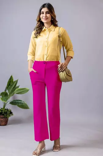 women solid fuchsia pink regular fit mid-rise flat front trousers