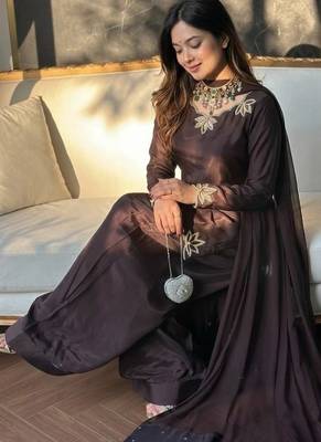 Coffee embroidery crep fully stitched farshi salwar suit set 6