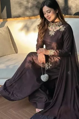 Coffee embroidery crep fully stitched farshi salwar suit set