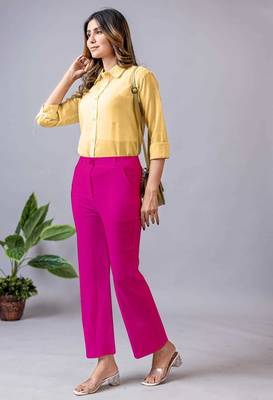 women solid fuchsia pink regular fit mid-rise flat front trousers 5