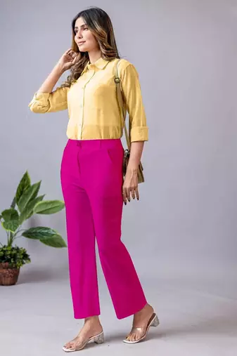 women solid fuchsia pink regular fit mid-rise flat front trousers
