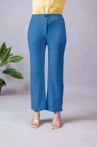 women solid blue regular fit mid-rise flat front trousers