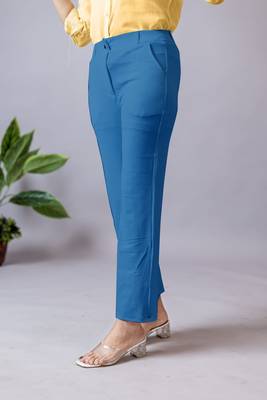 women solid blue regular fit mid-rise flat front trousers 2