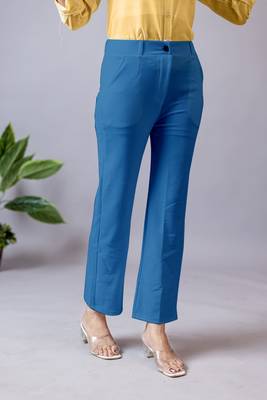 women solid blue regular fit mid-rise flat front trousers 3