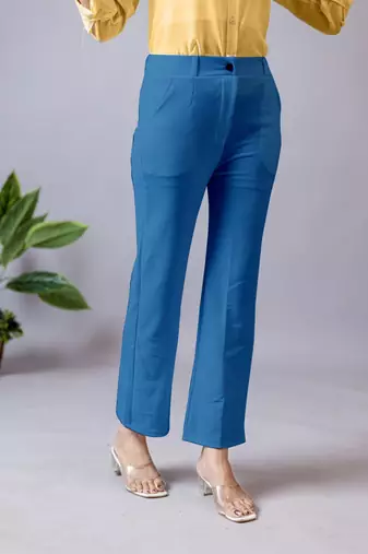 women solid blue regular fit mid-rise flat front trousers