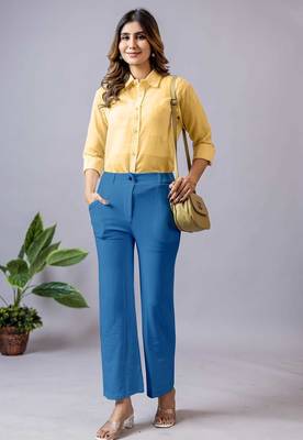 women solid blue regular fit mid-rise flat front trousers 4