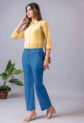 women solid blue regular fit mid-rise flat front trousers 5