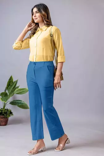 women solid blue regular fit mid-rise flat front trousers
