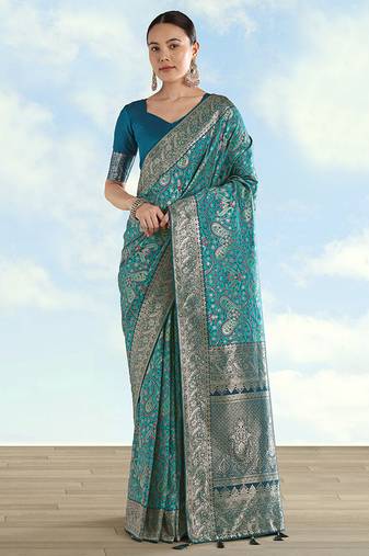 Turquoise faux banarasi silk saree with traditional paisley weaves