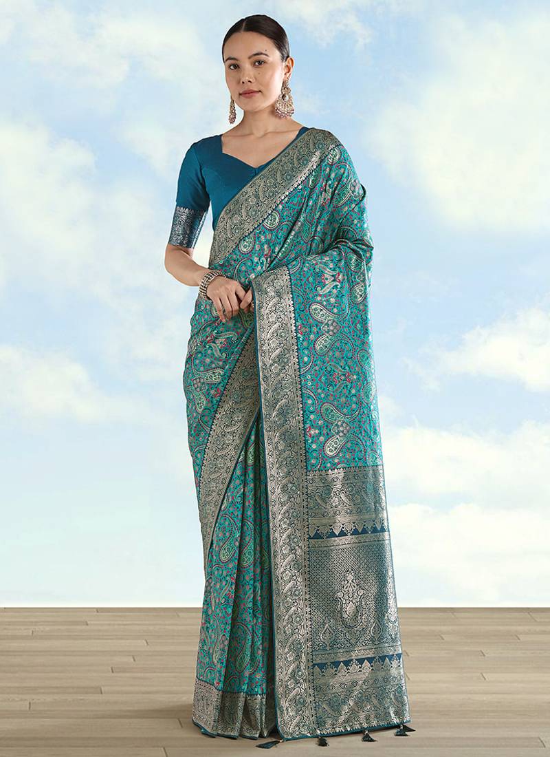 Turquoise faux banarasi silk saree with traditional paisley weaves