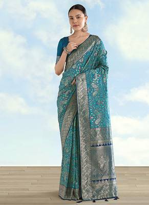 Turquoise faux banarasi silk blend saree with traditional paisley weaves 2