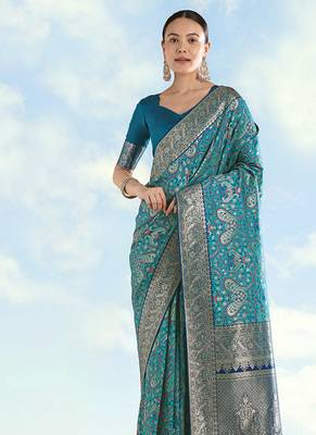 Turquoise faux banarasi silk blend saree with traditional paisley weaves 3