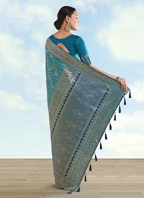 Turquoise faux banarasi silk blend saree with traditional paisley weaves 5