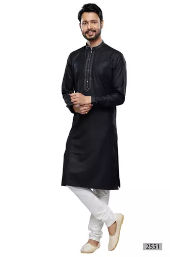 Men's black cotton embroidery, mirror kurta set