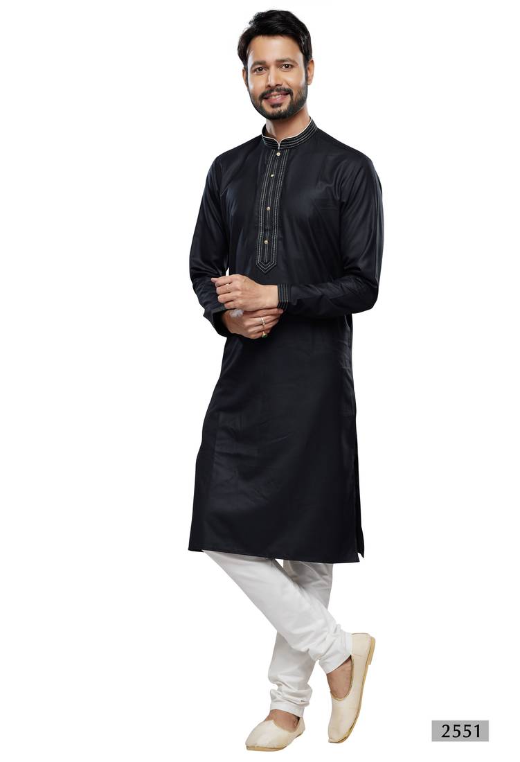 Men's black cotton embroidery, mirror kurta set