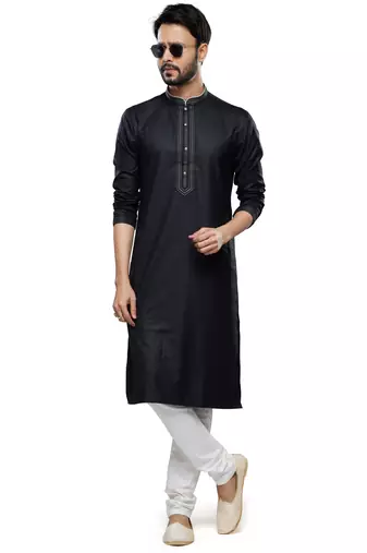 men's black cotton mirror work kurta set