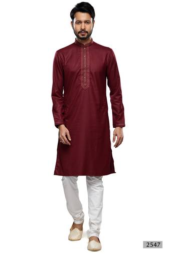 Men's wine cotton embroidery, mirror kurta set