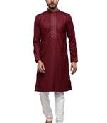 Men's wine cotton embroidery, mirror kurta set