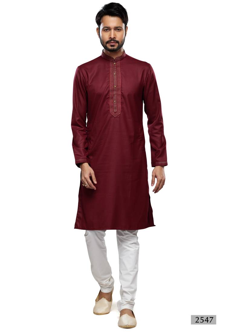 Men's wine cotton embroidery, mirror kurta set