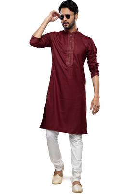 men's wine cotton mirror work kurta set 2