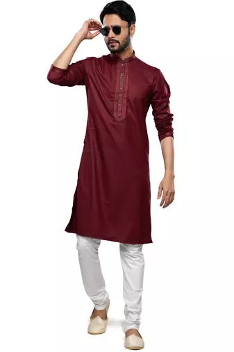 men's wine cotton mirror work kurta set