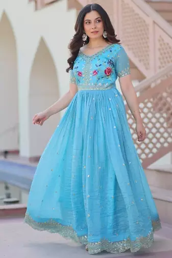 sky blue embroidered sequins designer long kurti