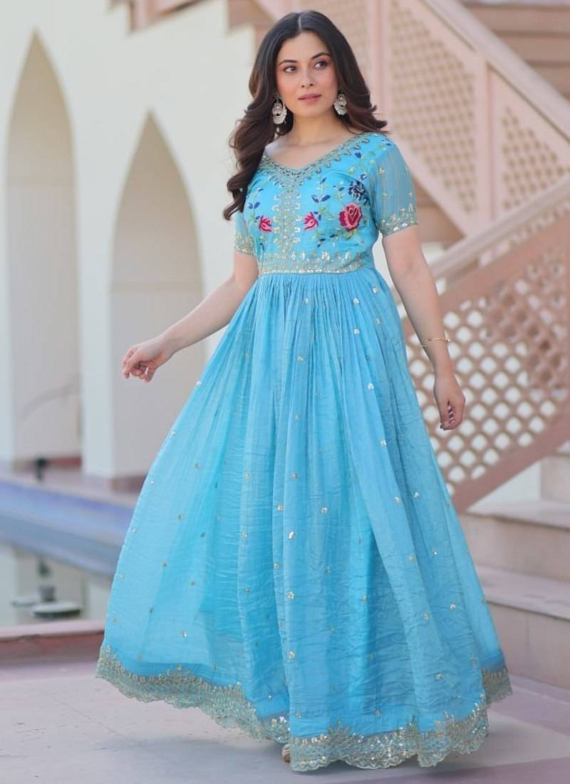 Sky designer readymade long kurti  with Embroidery Sequins-work