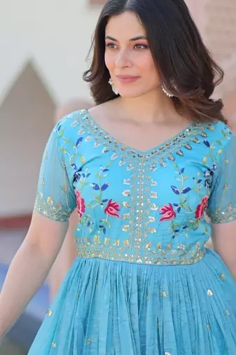 sky blue embroidered sequins designer long kurti