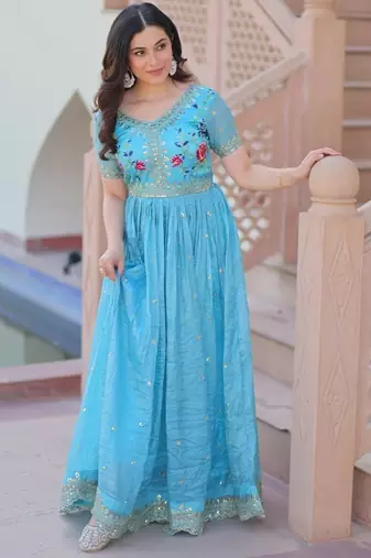 sky blue embroidered sequins designer long kurti