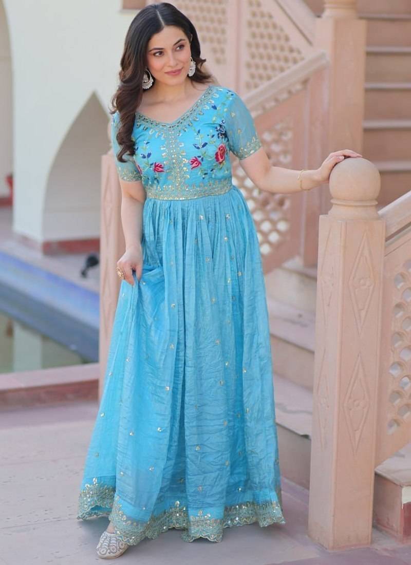 Sky designer readymade long kurti  with Embroidery Sequins-work