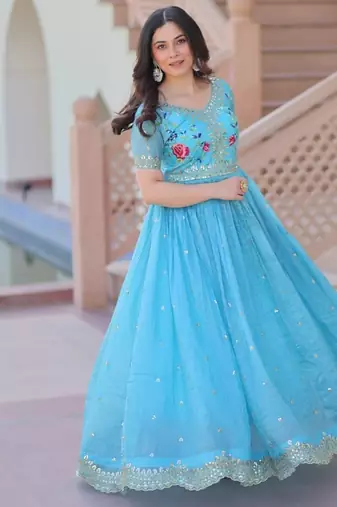sky blue embroidered sequins designer long kurti
