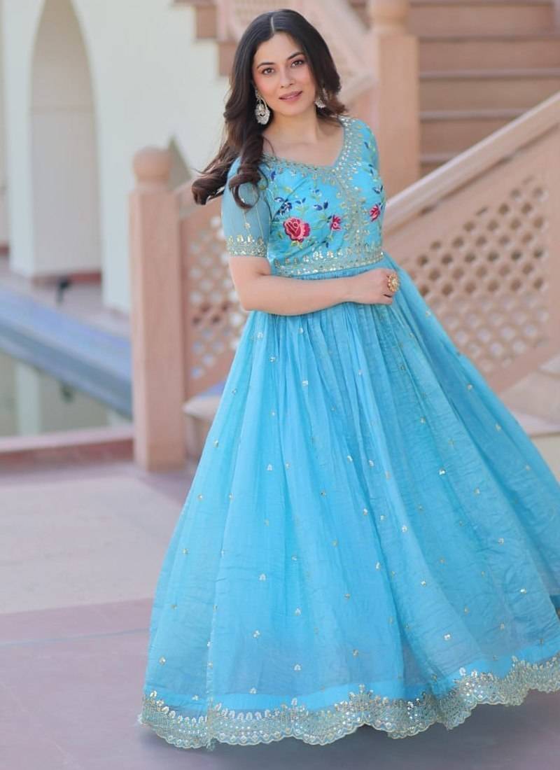 Sky designer readymade long kurti  with Embroidery Sequins-work