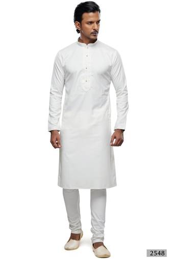 Men's off white cotton embroidery, mirror kurta set