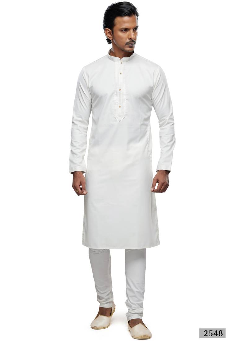 Men's off white cotton embroidery, mirror kurta set