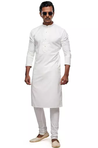 men's off white cotton mirror work kurta set