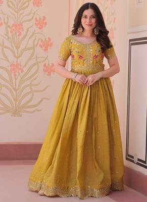 yellow embroidered sequins designer long kurti 1
