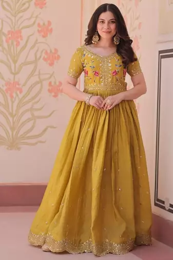 Yellow Designer Readymade Long Kurti With Embroidery Sequins Work