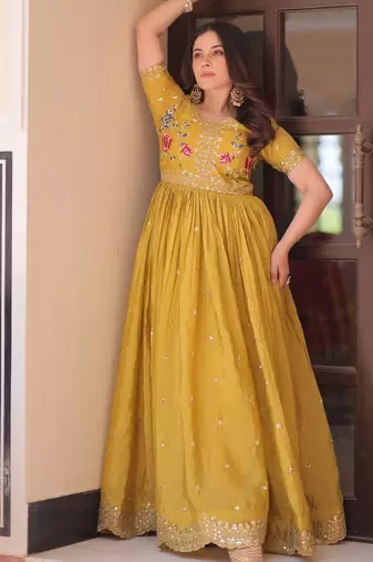 yellow embroidered sequins designer long kurti