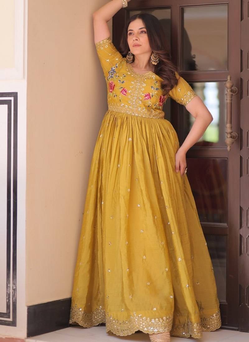 Yellow Designer Readymade Long Kurti With Embroidery Sequins Work