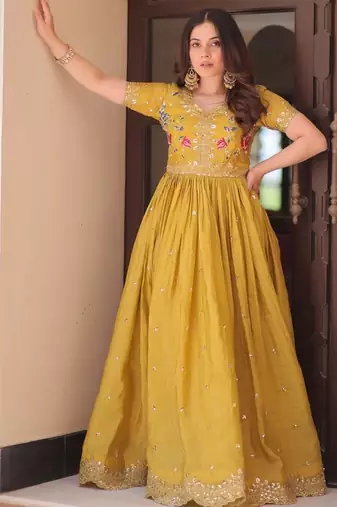 yellow embroidered sequins designer long kurti