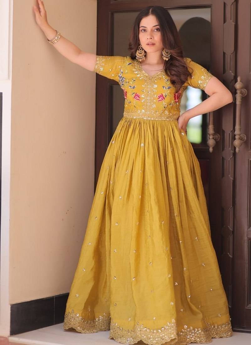 Yellow Designer Readymade Long Kurti With Embroidery Sequins Work